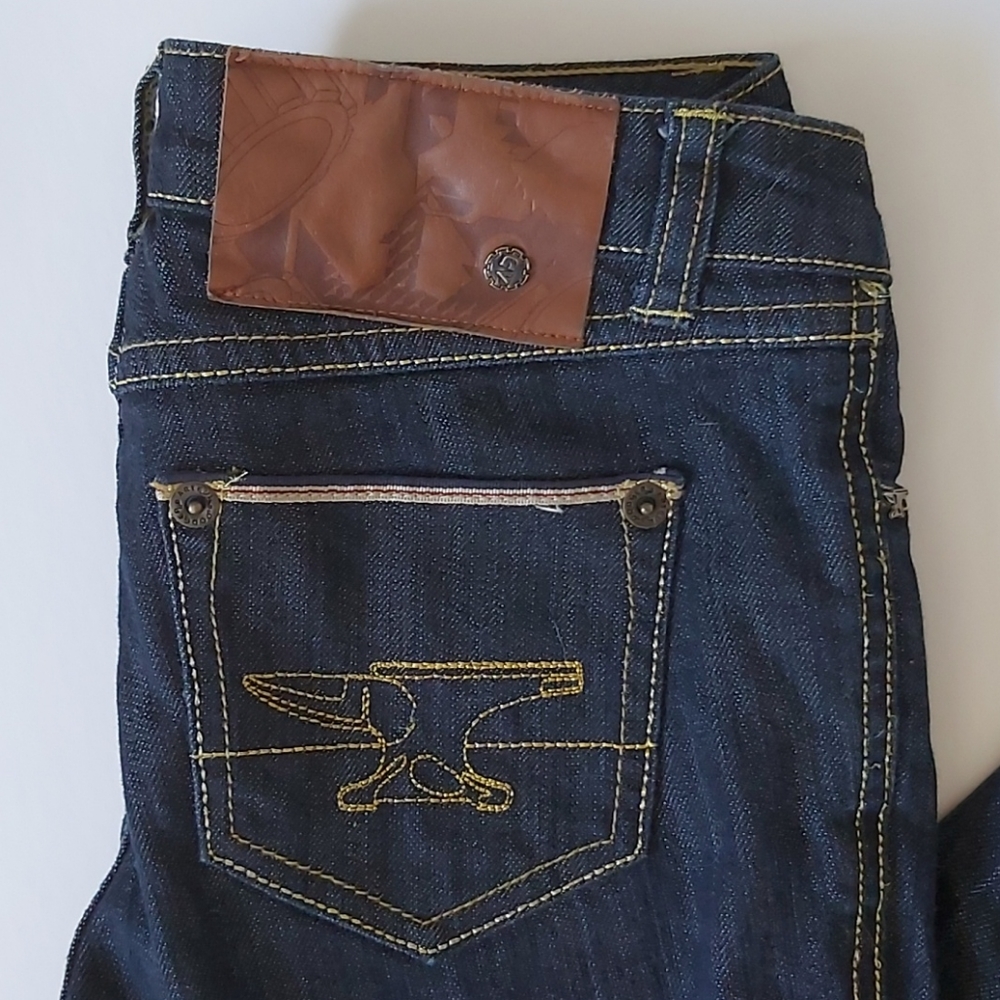 Dark Blue "Death Of A Craftsman" Embellished Jeans with  Contrast Stitching